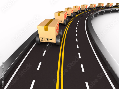 cargo box with wheel on road. white background. Isolated 3D illustration