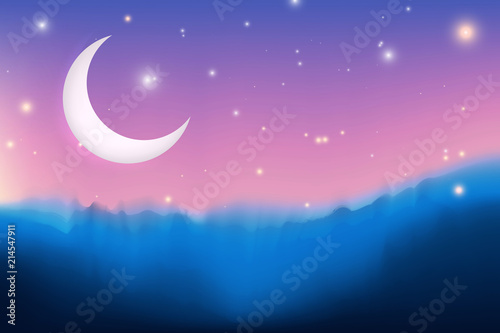 Illustration Ramadan Kareem. Greeting card with big moon, stars, night mountains. Graphic concept for your design