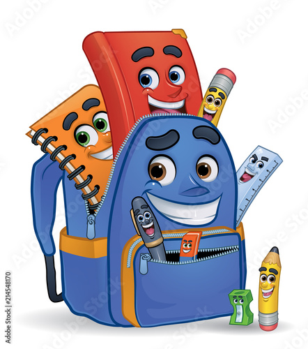 Cartoon Character school Stationery in Opened Schoolbag: Pencil, Book, 
Spiral Notebook, Ballpoint, Sharpener, Ruler, 
Eraser, School Bag_Vector Illustration EPS 10