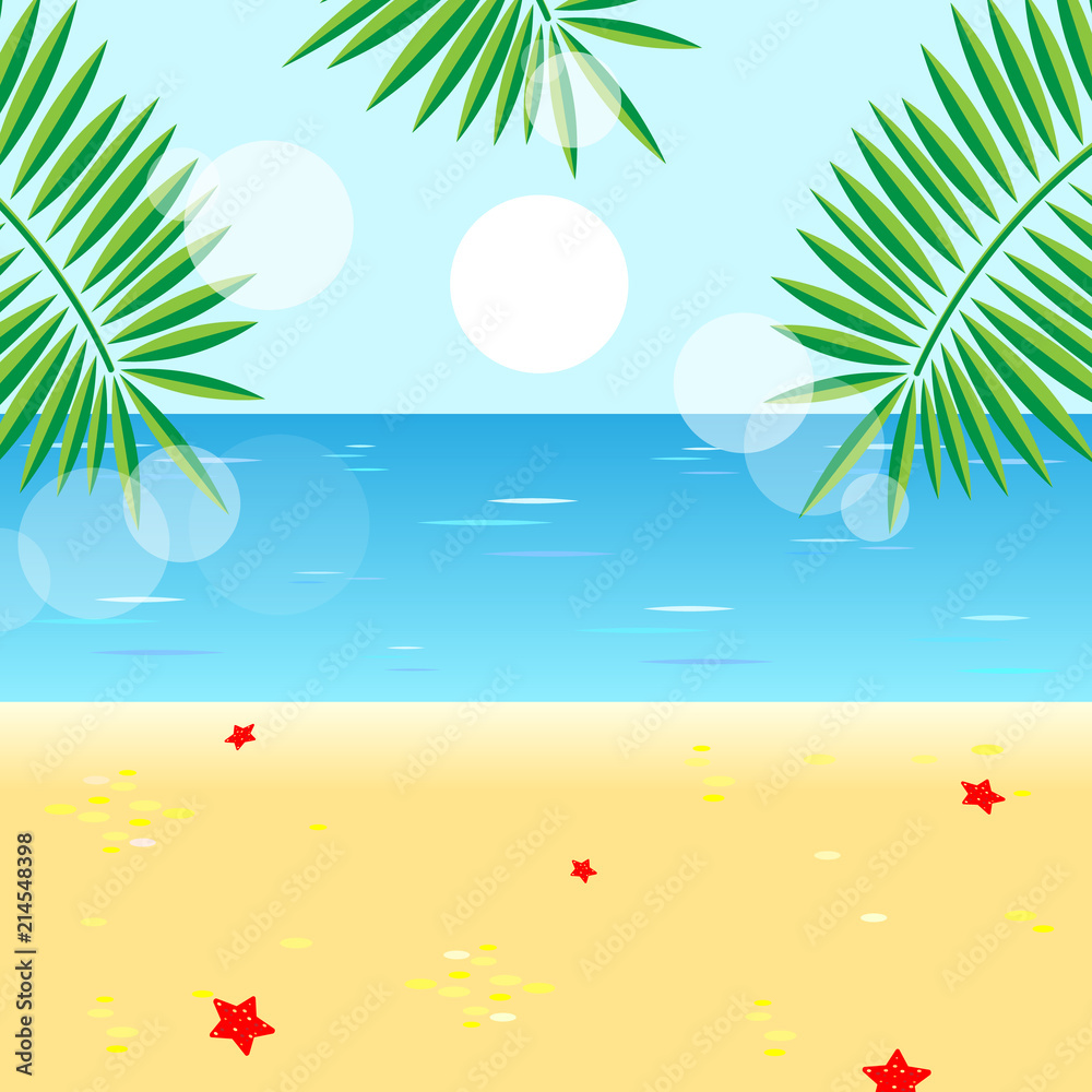 Caribbean beach with palms, sun and sea