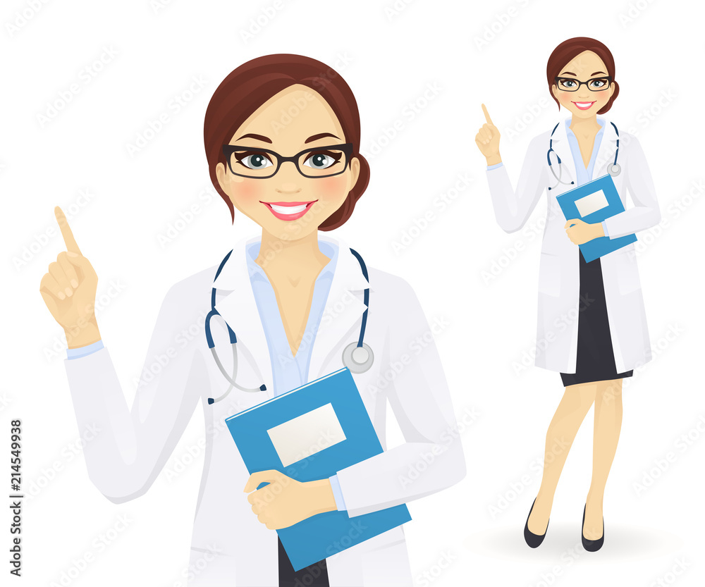 Female doctor pointing finger up isolated vector illustration Female doctor pointing finger up isolated vector illustration