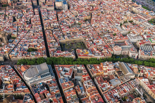 Barcelona Old Town aerial view and famous La Rambla boardwalk, Spain