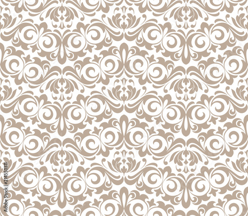 Wallpaper in the style of Baroque. Seamless vector background. White and beige floral ornament. Graphic pattern for fabric, wallpaper, packaging. Ornate Damask flower ornament