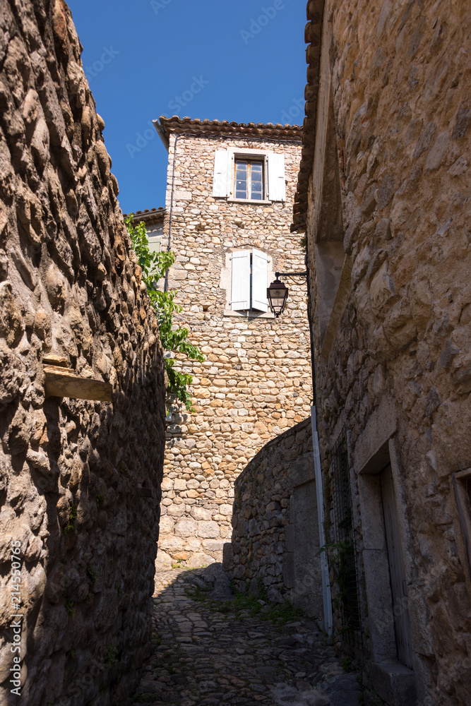 View of an old house in a narrow alley in the old medieval village Labeaume in France