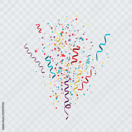 Colorful confetti burst. Festive template with confetti and streamers. Vector illustration