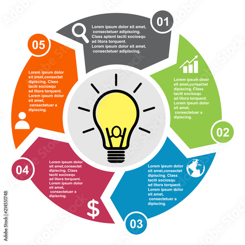 5 step vector element in five colors with labels, infographic diagram. Business concept of 5 steps or options with light bulb