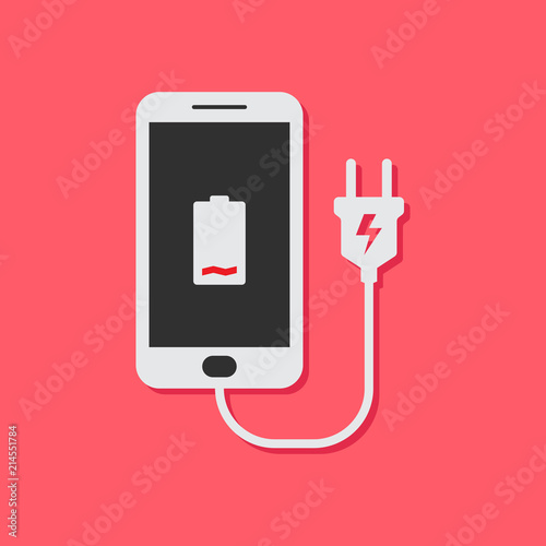 Charging a smartphone battery, smartphone and a power jack with red background, flat design style vector illustration