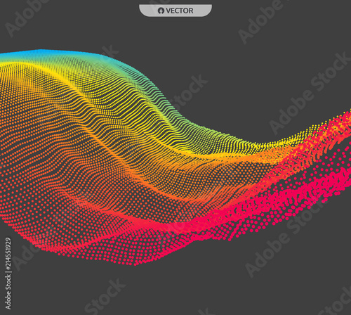 Array with Dynamic Emitted Particles. Flowing Particle Waves. Abstract Science or Technology Background. Graphic Design. 3D Technology Style. Motion Vector Illustration.