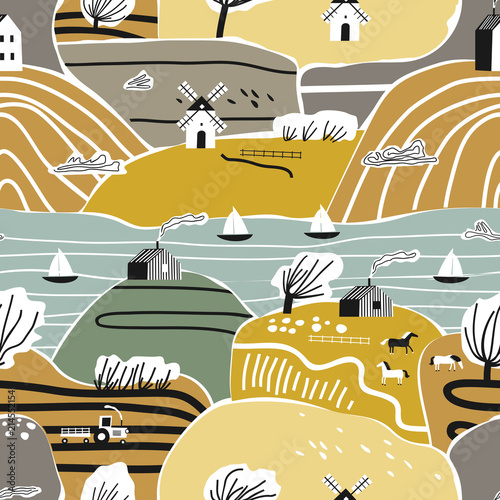 Hand drawn seamless pattern with house, trees and hills. Europe nature landscape concept. Perfect for kids fabric, textile, nursery wallpaper. Autumn.