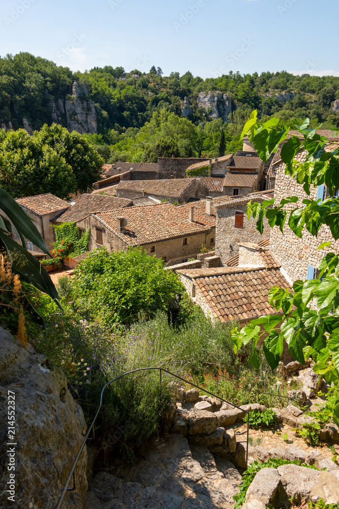 View of the rooftops of the old medieval French community Labeaume at the river Ardeche in France