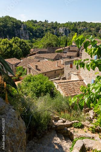 View of the rooftops of the old medieval French community Labeaume at the river Ardeche in France