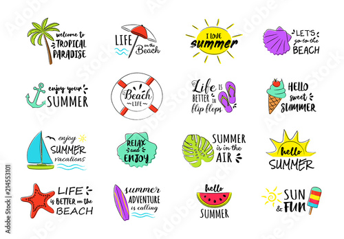Collection of summer icons - decorations with text. Vector.