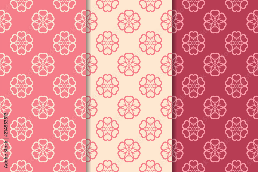 Set of red floral ornaments. Cherry pink vertical seamless patterns