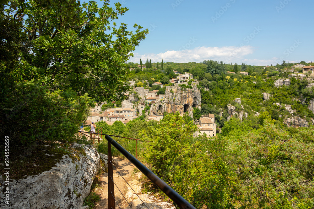 View of the medieval village Labeaume from the viewpoint above the Ardeche in France