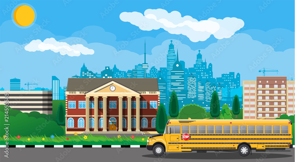 Classical school building and cityscape.