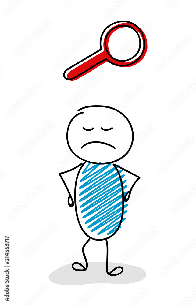 Angry stickman with magnifier (search) icon. Vector.