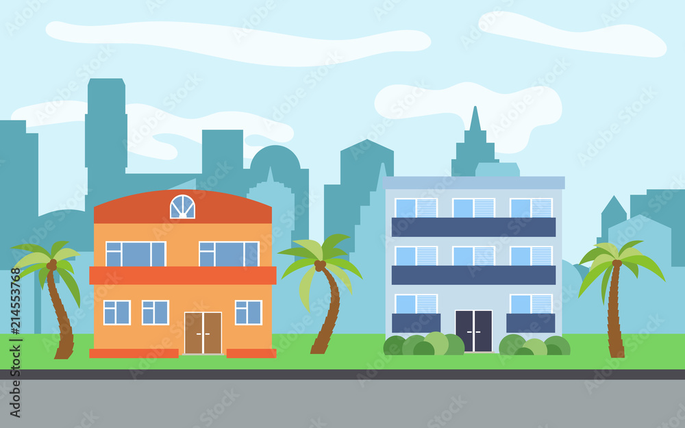 Vector city with two-story and  three-story cartoon houses and palm trees in the sunny day. Summer urban landscape. Street view with cityscape on a background
