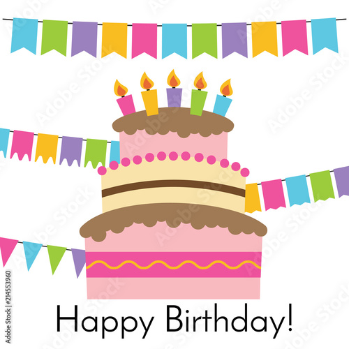 Greeting Card with Sweet Cake for Birthday Celebration. Vector illustration  
