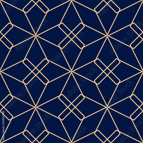 Golden blue geometric ornament. Seamless pattern