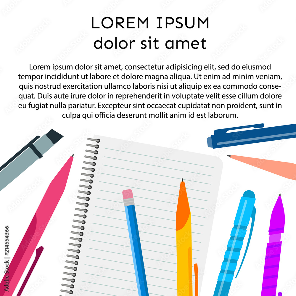 Background with notebook, pens, pencils and place for your text. Vector illustration.
Background with notebook, pens, pencils and place for your text. Vector illustration.