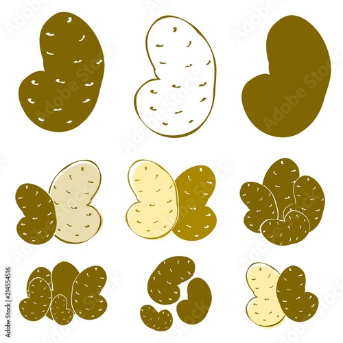 the brown silhouette and outline of potatoes on the white background, different compositions of two and three elements, isolated vector food