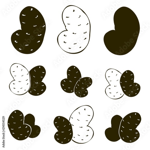 the black silhouette and outline of potatoes on the white background, different compositions of two elements, isolated vector food