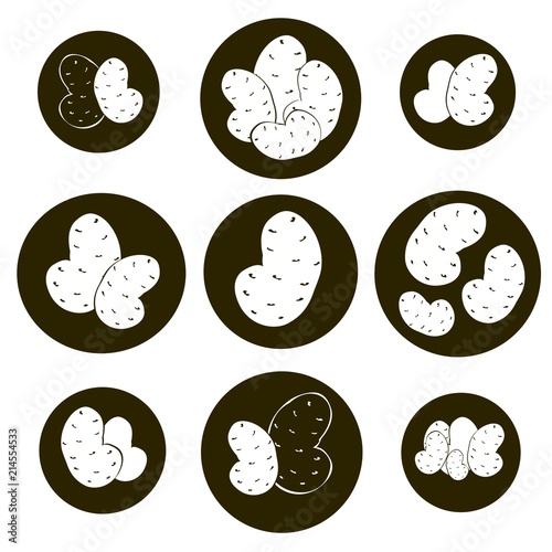 The black silhouette and outline of potatoes in circles on the white background, different compositions of two and three elements, isolated vector food