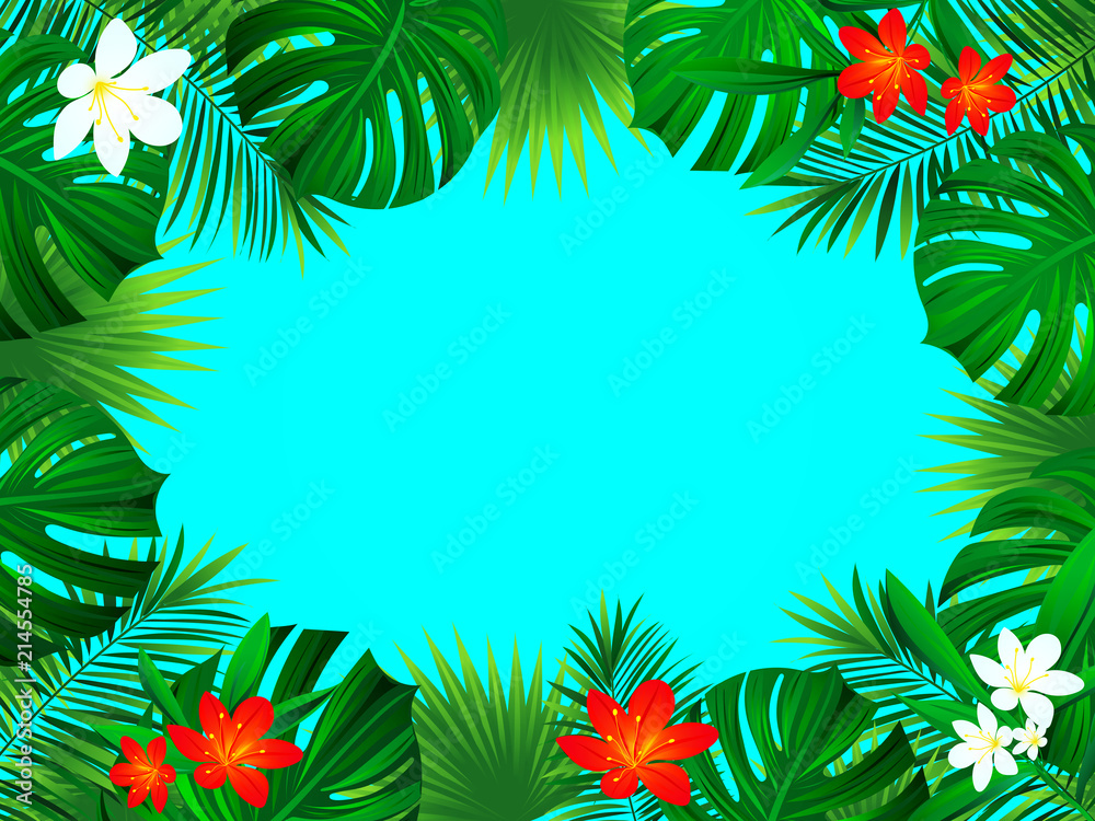 tropical background with exotic jungle rainforest palms leaves, monstera, flowers. Horizontal border frame. Floral landscape. Vector illustration. beautiful tropic backdrop.trendy style. Summer design