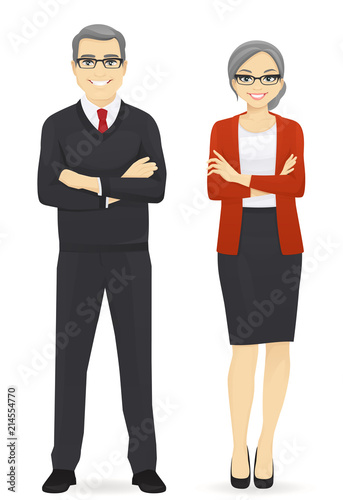Cheerful mature business man and woman isolated vector illustration