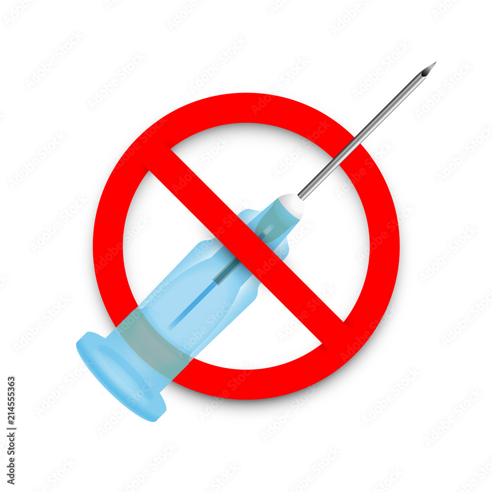 Hypodermic needle in a prohibition sign, no needle, needleless or