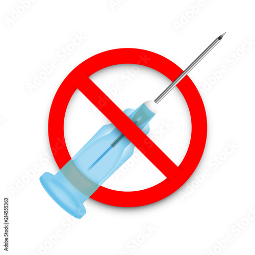 Hypodermic needle in a prohibition sign, no needle, needle-less or needle-free injections symbol or logo for modern jet injector themed designs