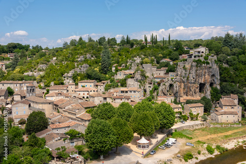 The small medieval village Labeaume framed by rocks and the river Ardeche in southern France