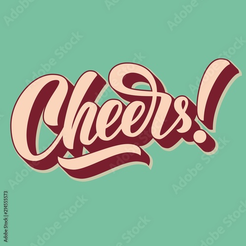 Cheers hand lettering, custom typography,  brush calligraphy, on retro background with long 3d shadow. Vector type illustration.