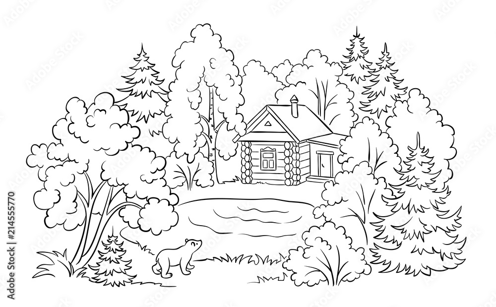 Fototapeta premium Forest house near a lake - coloring book illustration