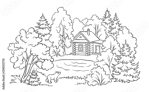 Dom lasu w pobliżu jeziora - ilustracja kolorowanka