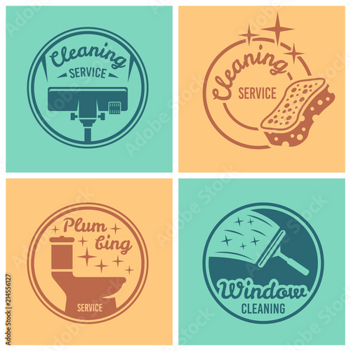 Cleaning service set of vector round badges