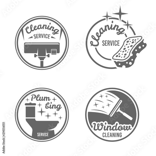 Cleaning service four black vector round badges