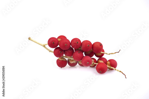 Close up , Ripe betel nut red seed balls bunch of Palm , isolated on white background.
