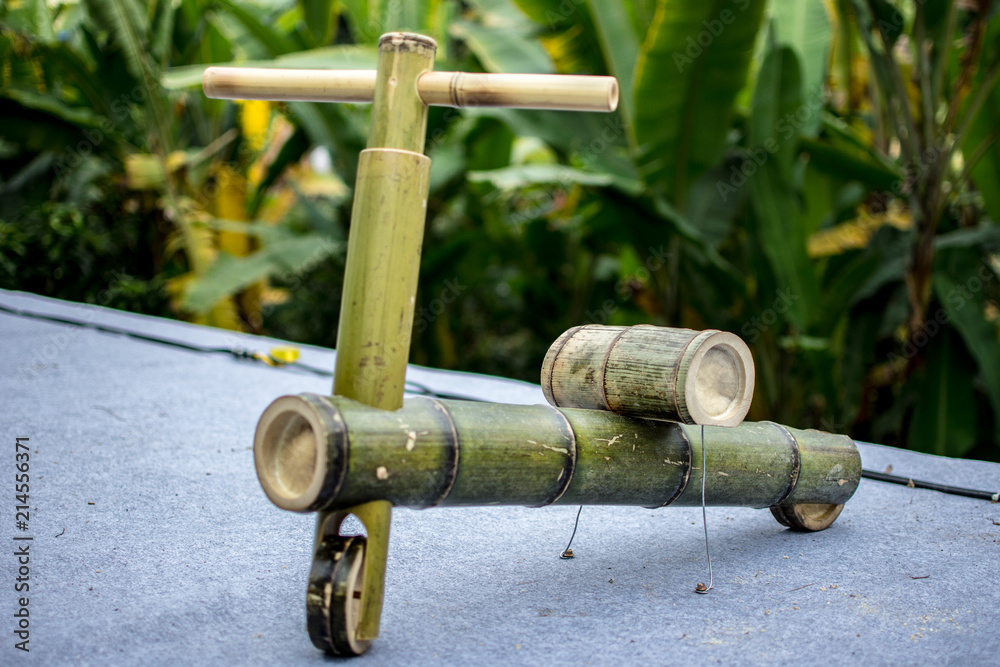  Nantou county, Taiwan, 27th of Feb., 2015 : Green scooter art made of bamboo without wheels. 