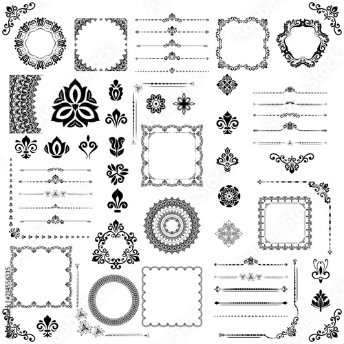 Vintage set of vector horizontal, square and round elements. Black elements for design, frames, cards, menus, backgrounds and monograms. Classic patterns. Set of vintage patterns