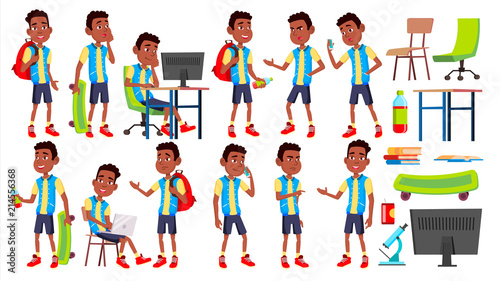 Boy Schoolboy Kid Poses Set Vector. High School Child. Teenage. Black. Afro American. Book, Workspace, Board. For Web, Brochure, Poster Design. Isolated Cartoon Illustration