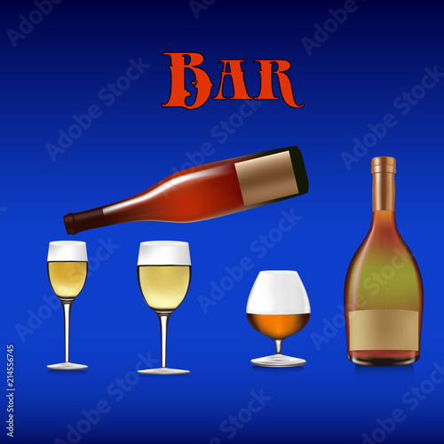 Banner for a bar, bottles and wine glasses for drinks, cartoon on a blue background,