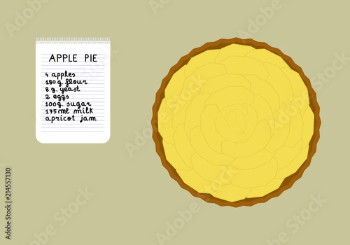 Illustration of apple pie seen from above with your recipe written in a notebook.