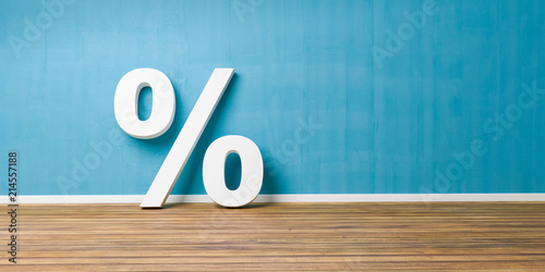 White Percent Sign on Brown Wooden Floor Against Blue Wall - Sale Concept - 3D Illustration