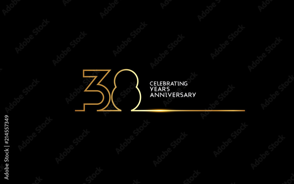 38 Years Anniversary logotype with golden colored font numbers made of one connected line, isolated on black background for company celebration event, birthday