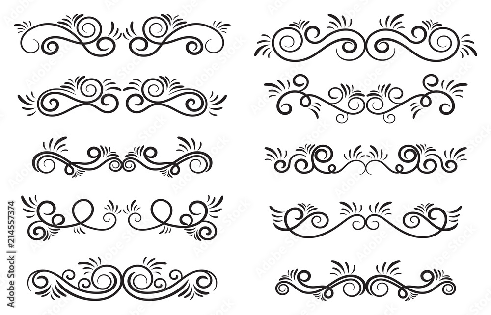 Design curls and scrolls set. Decorative elements for frames. Elegant swirl vector illustration. Design curls and scrolls set. Decorative elements for frames. Elegant swirl vector illustration.