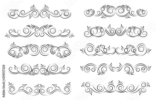 Calligraphic black and elegant swirl dividers collection. Set of curls and scrolls for wall decoration, page decoration, greeting cards and tattoos. Vector calligraphic design elements illustration.
