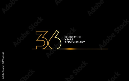 36 Years Anniversary logotype with golden colored font numbers made of one connected line, isolated on black background for company celebration event, birthday