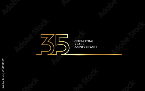 35 Years Anniversary logotype with golden colored font numbers made of one connected line, isolated on black background for company celebration event, birthday