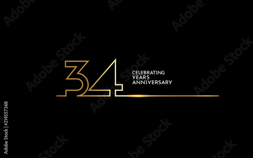 34 Years Anniversary logotype with golden colored font numbers made of one connected line, isolated on black background for company celebration event, birthday